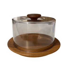 Vintage Luthje‎ Teak & Acrylic Cheese Dome With Wood Base & Handle